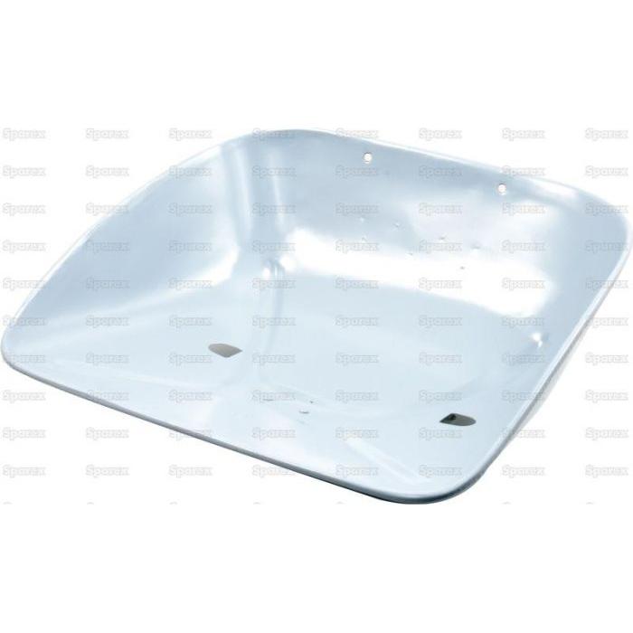 A Sparex Seat Assembly (Part No. S.66955) in the form of a white, rectangular plastic tray features rounded edges and multiple small holes on its surface, echoing the design of a classic tractor seat.