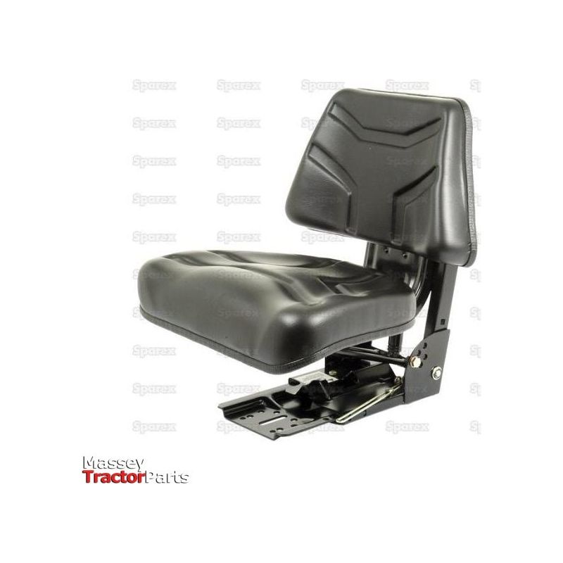 The Sparex Seat Assembly - S.71052 is a black tractor seat with a metal base and cushioned backrest, featuring adjustable suspension for maximum comfort. The black vinyl seat proudly displays the Massey Tractor Parts and Sparex logos in the background.