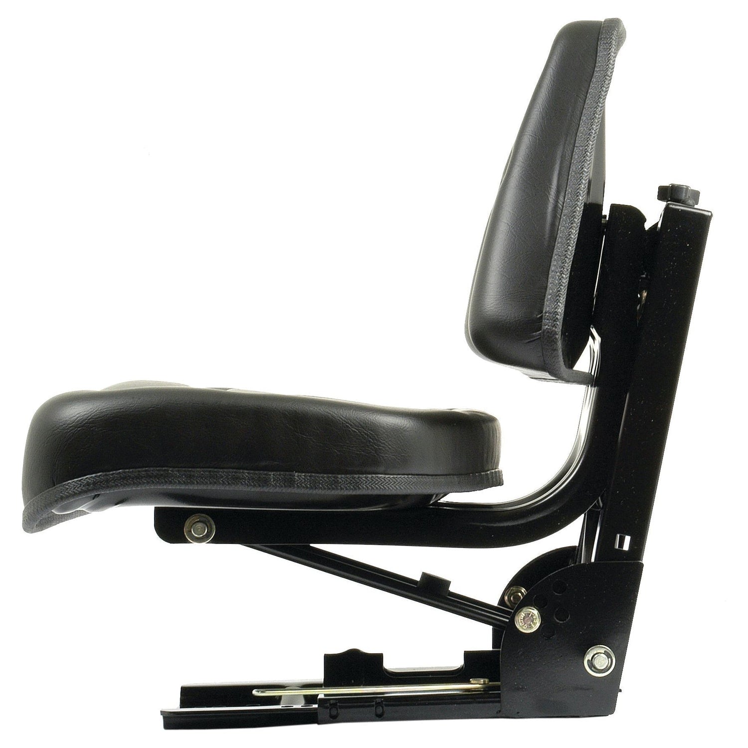 Side view of the Sparex Seat Assembly - S.71052 in black vinyl featuring a padded, adjustable automotive design with a metal base and hinge mechanism.