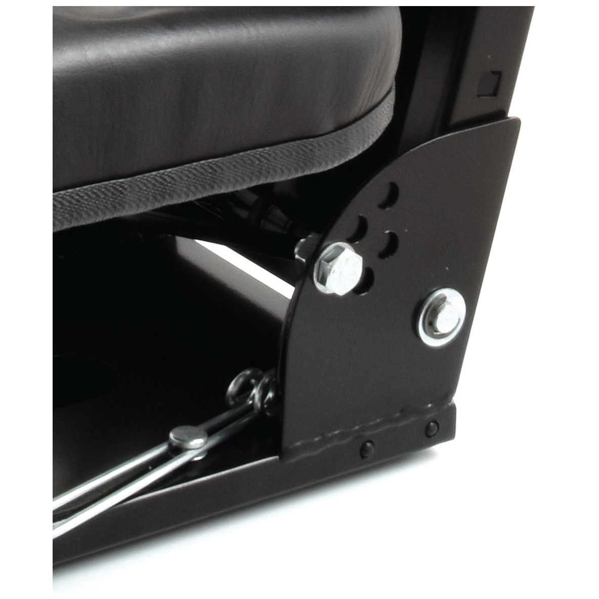 Close-up of a metal hinge and bolt mechanism attached to the Sparex Seat Assembly - S.71052 by Sparex, featuring a padded piece of furniture with a black vinyl seat.