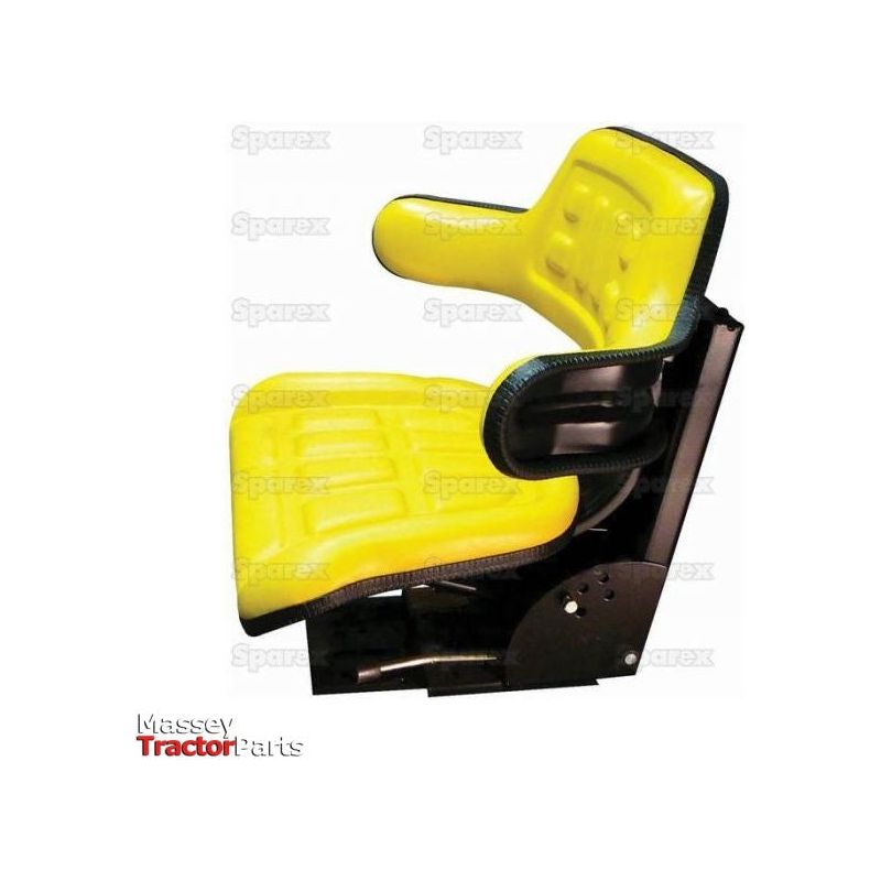 A yellow and black vinyl Sparex Seat Assembly (S.71071) for tractors, featuring armrests and a mounting frame, is displayed on a white background. This mechanical adjustable suspension seat includes a manual weight adjustment feature. The text overlay shows the "Sparex" brand name and the "Massey Tractor Parts" logo.