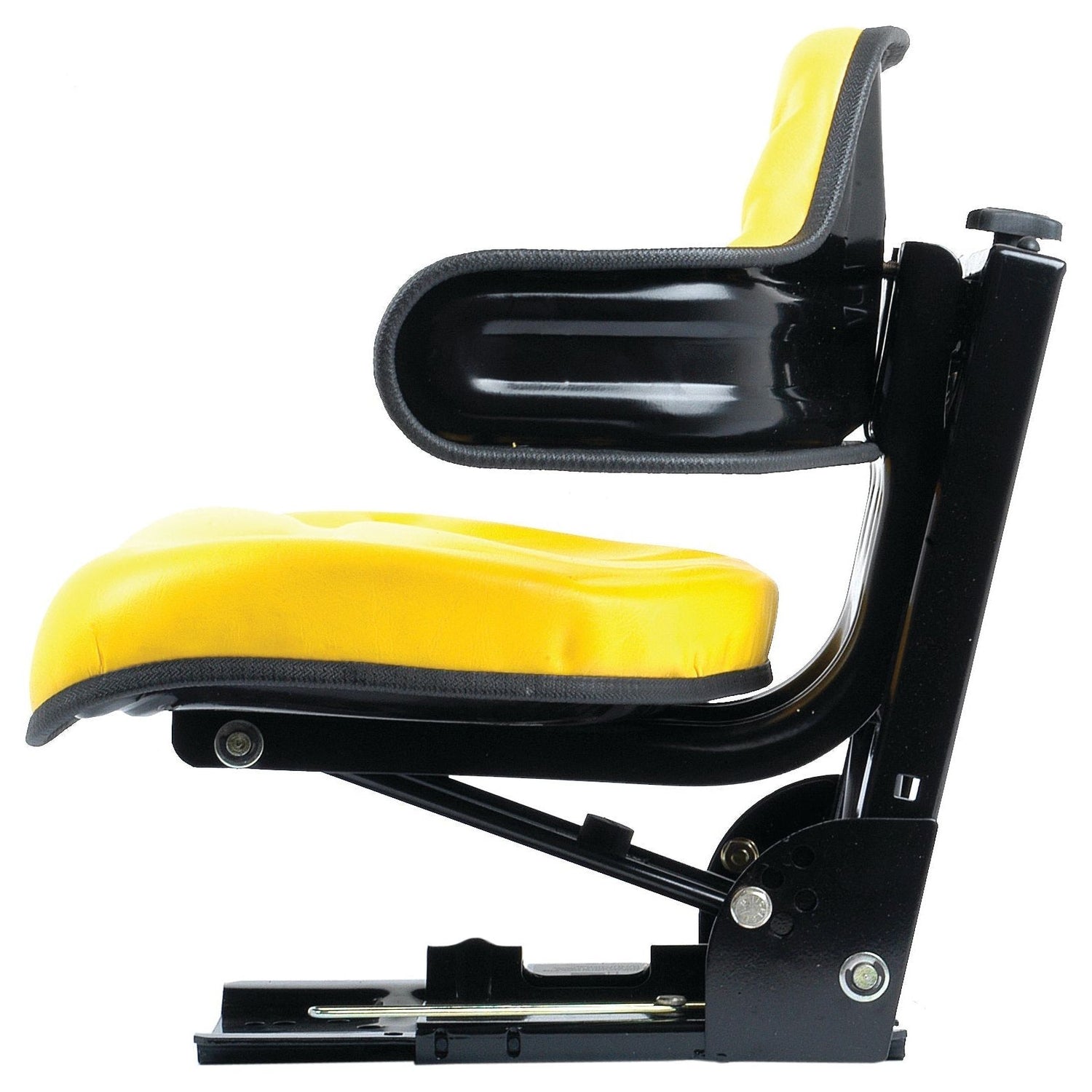 Side view of the Sparex Seat Assembly - S.71071, a yellow and black stadium seat with an armrest, featuring a yellow vinyl seat mounted on a metal frame.