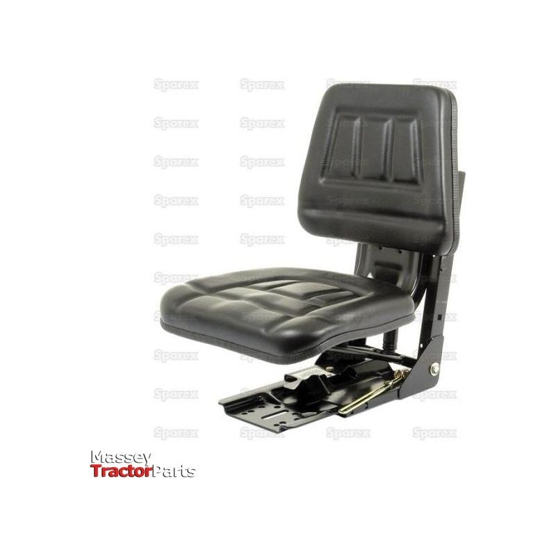 The Sparex Seat Assembly (Sparex Part No. S.71072) is a black vinyl tractor seat featuring a cushioned backrest and seat pad, mounted on a metal base. It is labeled with "Massey Tractor Parts" at the bottom and includes mechanical adjustable suspension and weight adjustment for optimal comfort.