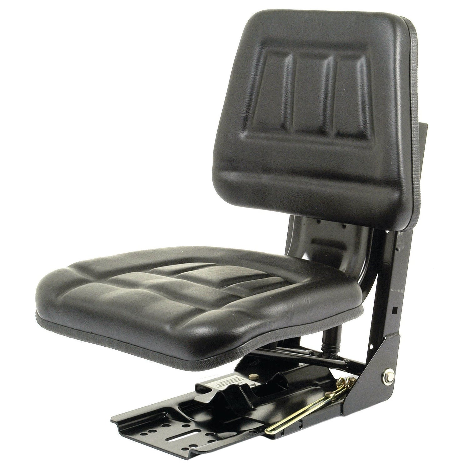 Introducing the Sparex Seat Assembly, Sparex Part No. S.71072—a black vinyl padded tractor seat from the reputable brand Sparex. Featuring a sturdy metal frame, adjustable recline, and a variety of mounting holes for installation, this mechanical adjustable suspension seat also includes weight adjustment for optimal comfort.