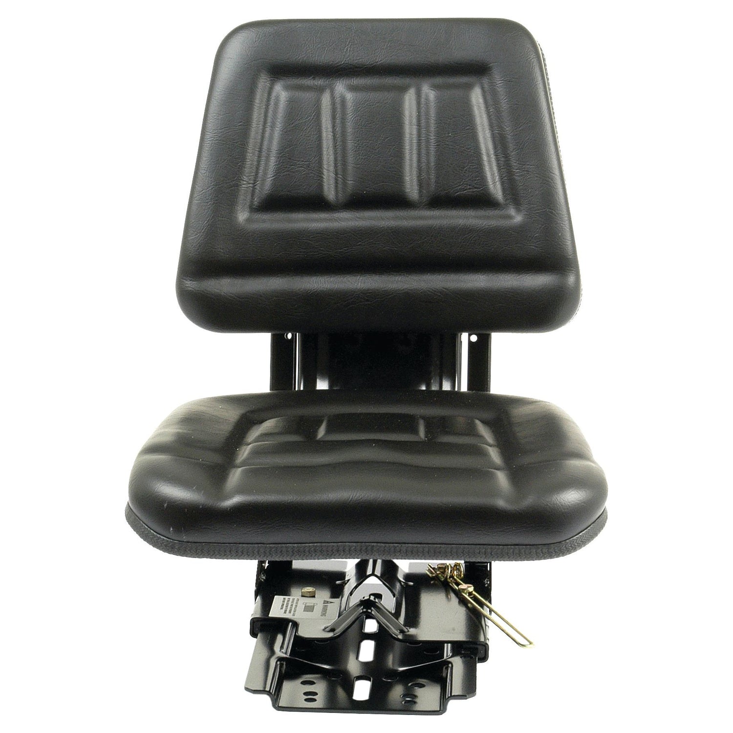 The Sparex Seat Assembly (Sparex Part No. S.71072) features a black vinyl padded seat with a backrest and includes a metal mounting frame along with mechanical adjustable suspension for optimal comfort.
