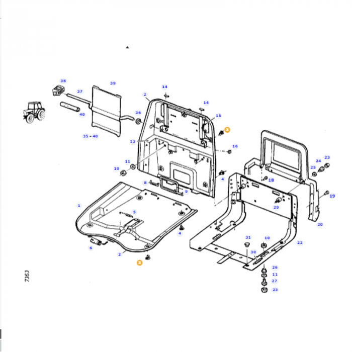 Exploded view of a mechanical assembly with numbered parts, including panels, screws, and brackets, featuring the Fendt - Seat Cap - F205500031520 by AGCO, specifically designed for constructing or repairing a seat or similar structure on Fendt Models such as the FARMER 270V.