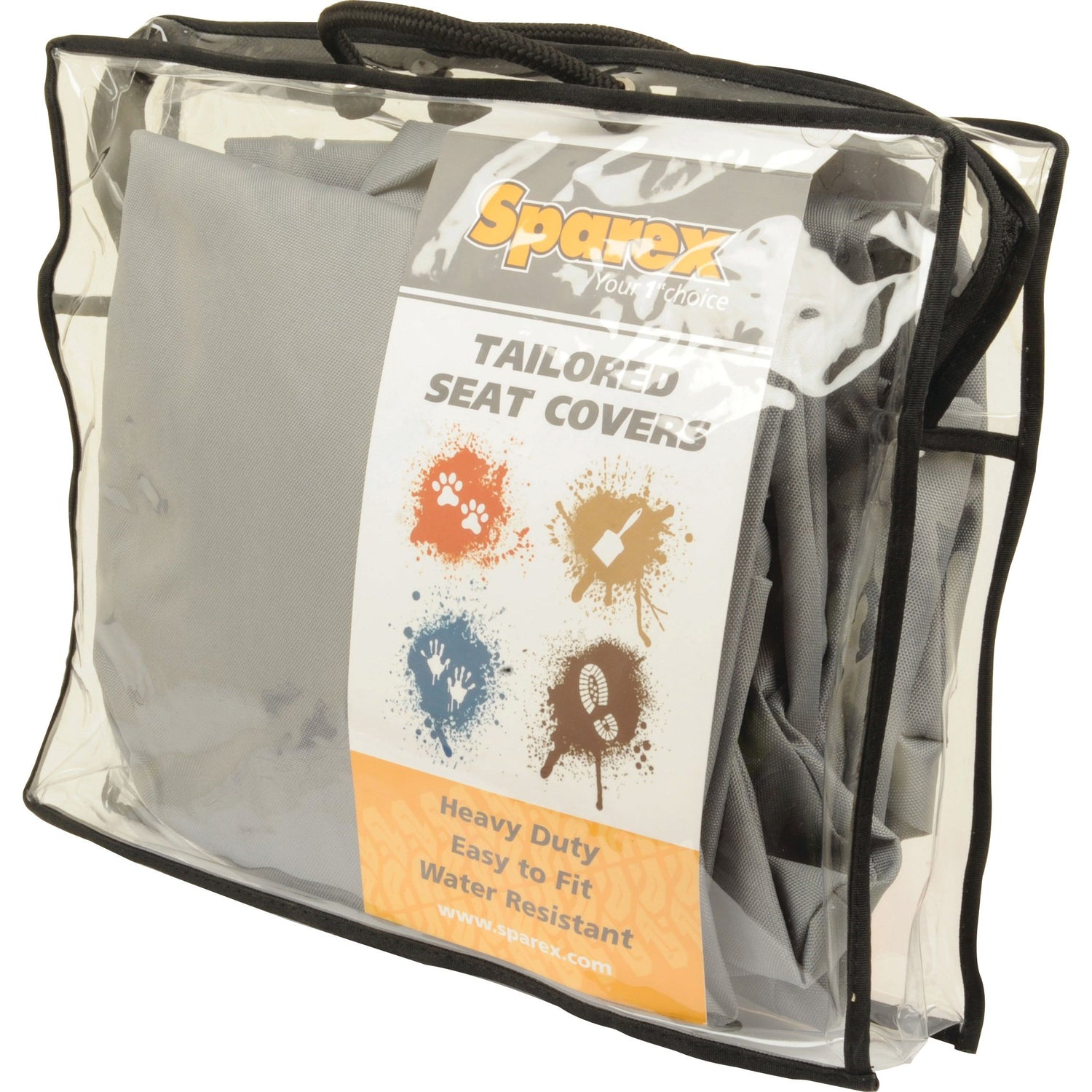 A transparent package contains a front seat pair of gray tailored seat covers, labeled with the Sparex branding and clearly readable product information stating they are heavy-duty, easy to fit, and waterproof. The label specifies that the product is the Seat Cover - Defender 90/110 2007> (Sparex Part No.S.71297).