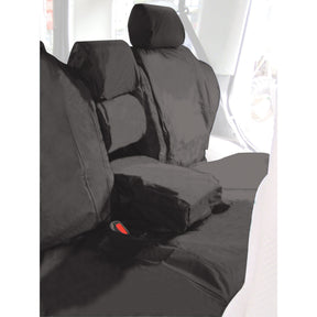 The image shows a car interior featuring Sparex Seat Cover - Discovery Series II TD5 1998>2004 (S.71781) on the seats and headrests, providing a fitted and protective covering. This rear seat set is easy to install and completely waterproof, ensuring maximum protection and convenience.