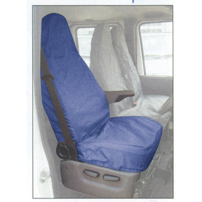 A front car seat covered with a Sparex Seat Cover - Transit >2007 - S.71849 in blue, washable fabric and a rear seat covered with the same model in gray fabric. Both seats, equipped with armrests and located within the vehicle's interior, are designed for easy maintenance.