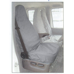 The image shows two car seats with protective covers. The grey front seat features a Sparex Seat Cover - Transit >2007 - S.71850 that has a waterproof cover, while the seat in the background seems to be covered with a different material.
