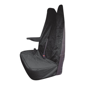 A black, waterproof Sparex Seat Cover (Transit >2007 - S.71851) is fitted over a car seat, showing a side profile with a visible seatbelt slot.
