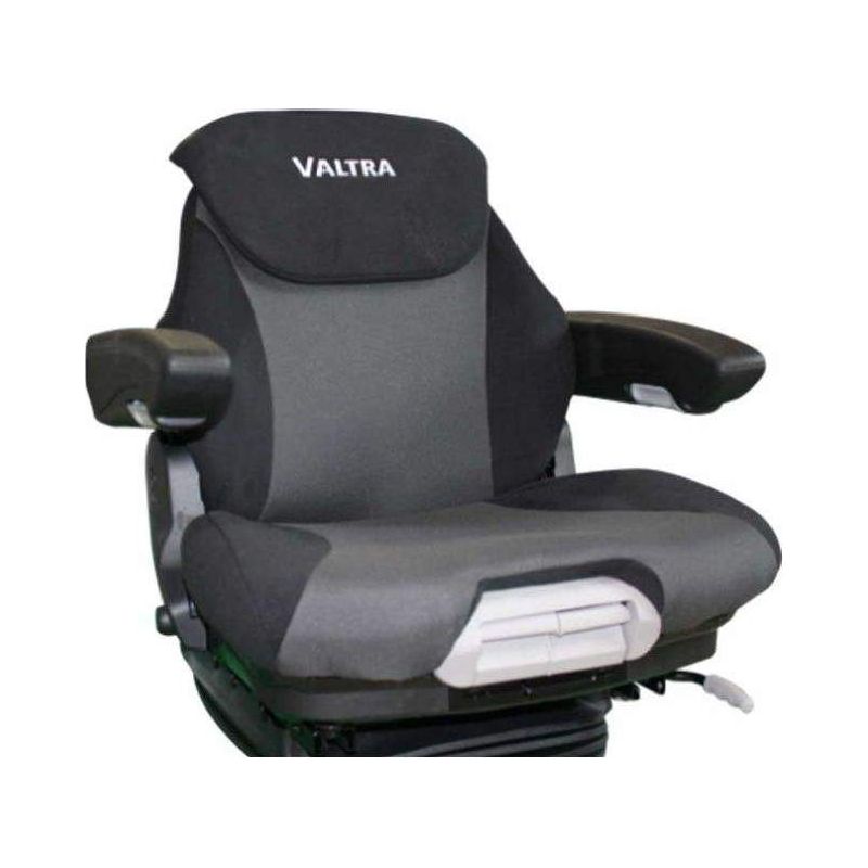 The Valtra - Seat Cover - VAL1729 by AGCO features a black and grey design, adjustable armrests, and a padded backrest, all engineered for comfort with Grammer Evolution technology.