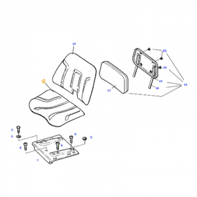 An exploded view of a seat assembly for Fendt Models, featuring meticulously labeled and numbered parts such as bolts, screws, an imitation leather seat cushion (Product Name: Fendt - Seat Cushion Imitation Leather - F246500909010 by AGCO), backrest, and headrest for easy identification.