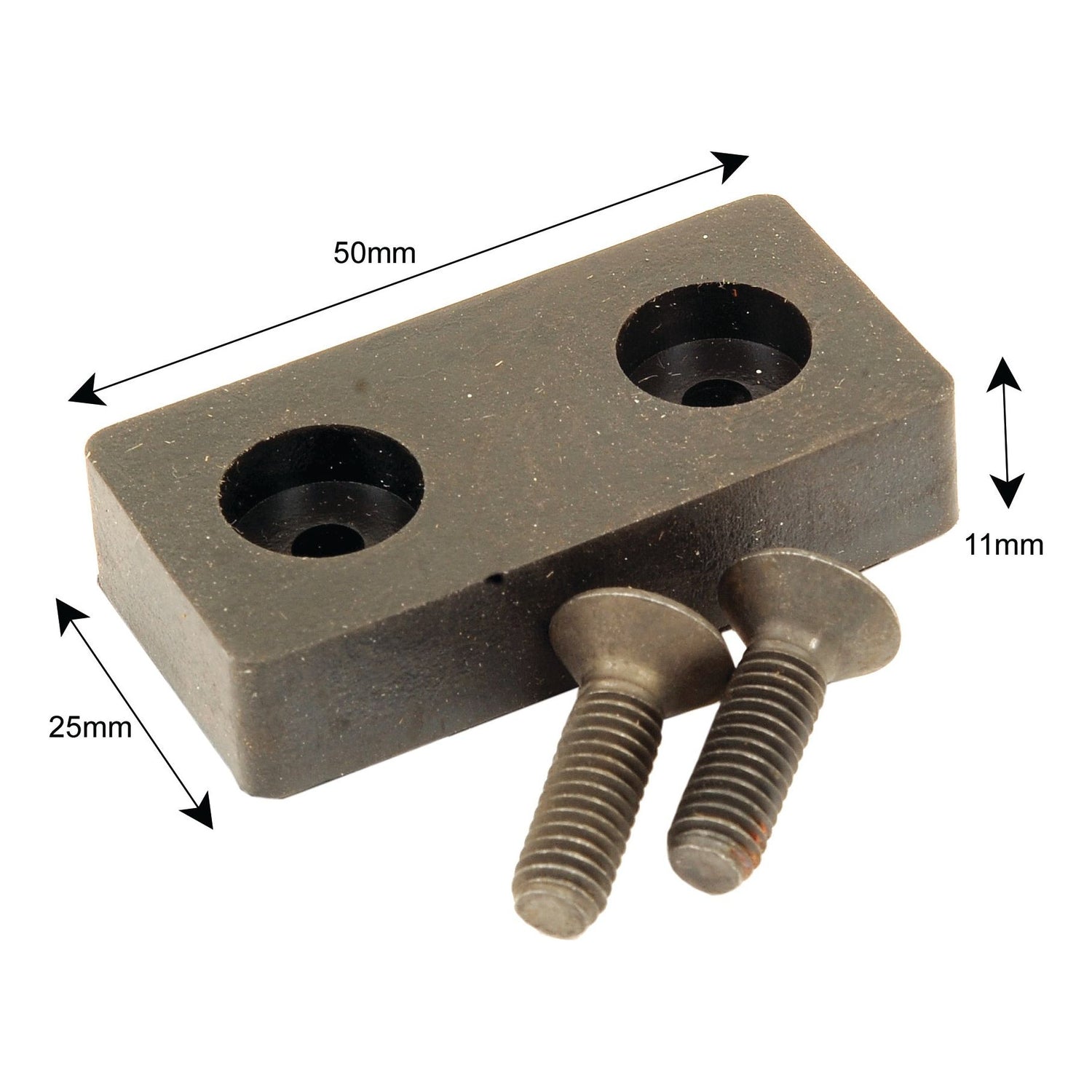 A black rectangular block with two holes, measuring 50mm by 25mm by 11mm, accompanied by two screws, ideal for use in a Massey Ferguson Seat Damper Kit is available under the Sparex brand as the Seat Damper Kit (Sparex Part No. S.43938).