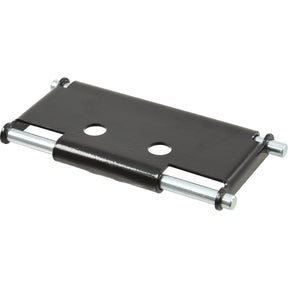A rectangular black metal plate, identified as Seat Hinge | Sparex Part No.S.43567 from the Sparex brand, features two small holes and cylindrical rods on each side, making it ideal for use as a hinge-seat in Massey Ferguson equipment.