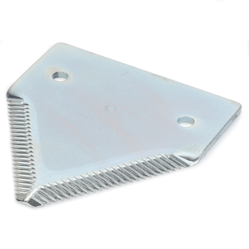 The AGCO Massey Ferguson - Section Overserrated - 146503M2 is a metal three-sided blade with serrated edges and two holes for attachment, designed specifically for compatibility with Massey Ferguson Combine 700 Series.