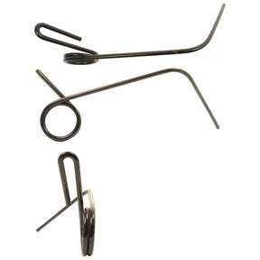 Three views of the Seeder Tine, made from black metal with a coil spring and two extended arms, are displayed. The top view, reminiscent of a Kuhn, Grange & Walter illustration, shows a circular coil with both arms extending outward. The middle and bottom views present different angles. This 264mm long piece with an 8mm diameter serves as the primary OE reference for many applications and is listed under Sparex Part No. S.59743 to fit as 53068600.