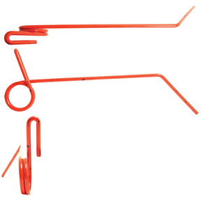 Three views of a red, angular Sparex brand Seeder Tine - Ø9mm, Length: 515mm (Sparex Part No. S.79642), showcasing various angles and coils of the structure.