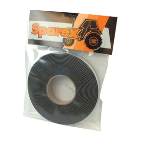 Roll of black tape in clear plastic packaging. The package features an orange and black label with the brand name "Sparex" and an illustration of a tractor. This Self Adhesive Rubber Foam Strip - Agripak - S.12427 is heat-resistant and ideal for sealing gaps or edges on trailers, ensuring durability in varying conditions.