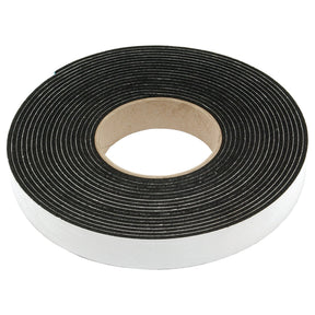 The Sparex Self Adhesive Rubber Foam Strip (S.12426) is a roll of black foam tape with a white adhesive backing, coiled in a circular shape, and ideal as a heat-resistant gap sealer for trailers.