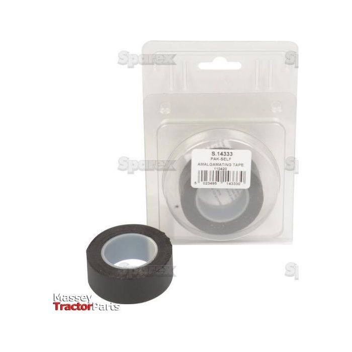 A roll of black Sparex Self Amalgamating Tape (25mm x 3m) in clear plastic packaging with a label, alongside another unwrapped roll, displayed on a white background.
