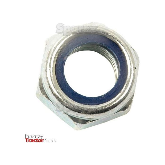 Close-up of a hexagonal metal nut with a blue ring, labeled "Sparex" in the bottom left corner. This zinc-plated, Metric Self Locking Nut (M16x2.00mm) DIN 985 offers robust durability and secure fastening.