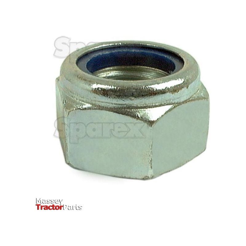 Image of a metallic hexagonal self-locking nut with a blue nylon insert, specifically the Metric Self Locking Nut, M24x3.00mm (DIN 985) Metric Coarse | Sparex Part No.S.6818 by Sparex. The logo for Massey Tractor Parts is visible at the bottom of the image.