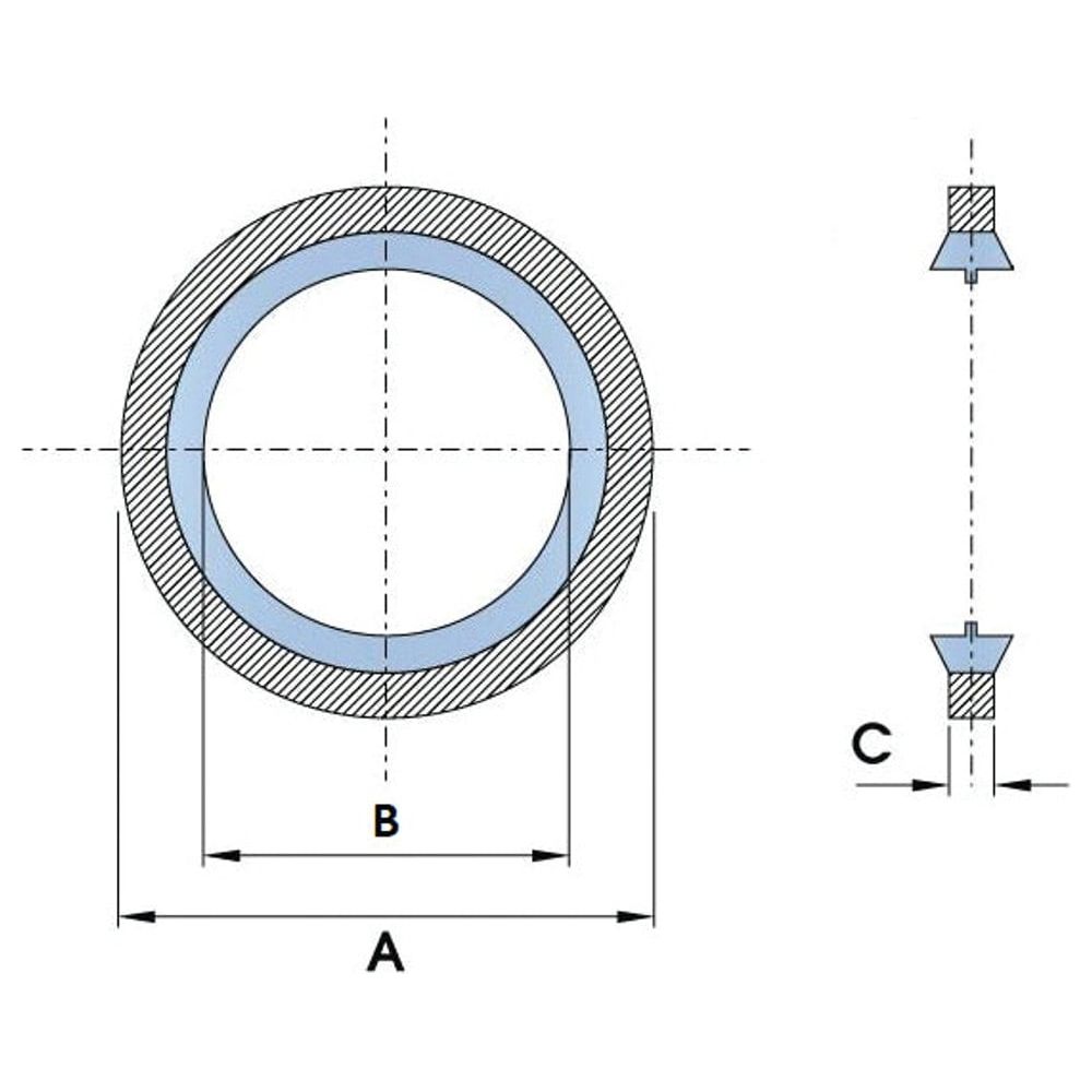 Technical drawing of a circular pipe cross-section showing outer diameter A, inner diameter B, and wall thickness C. The dimensions are labeled clearly in both side view and top view, ideal for use with the Self centering Bonded Seal 18mm Metric (Sparex Part No. S.5690) from Sparex.