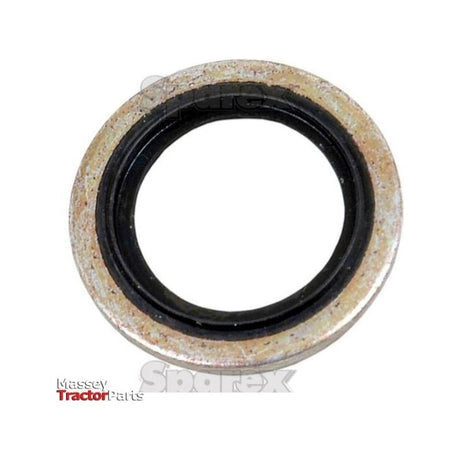 A metal and rubber sealing washer with the text "Massey Tractor Parts" and "Self centering Bonded Seal 18mm Metric | Sparex Part No.S.5690" in the background.