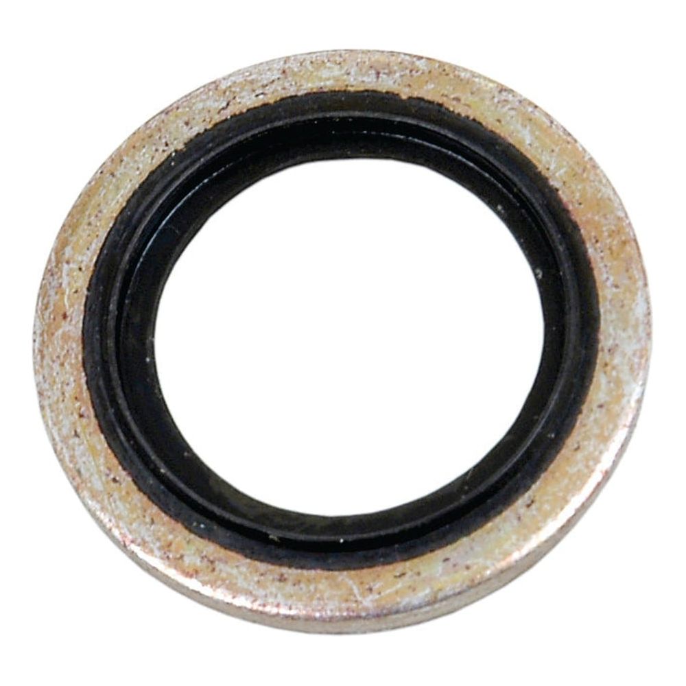 A close-up image of a Sparex Self Centering Bonded Seal (Sparex Part No. S.5690), featuring an 18mm metric black inner ring and a metallic outer ring, circular in shape.