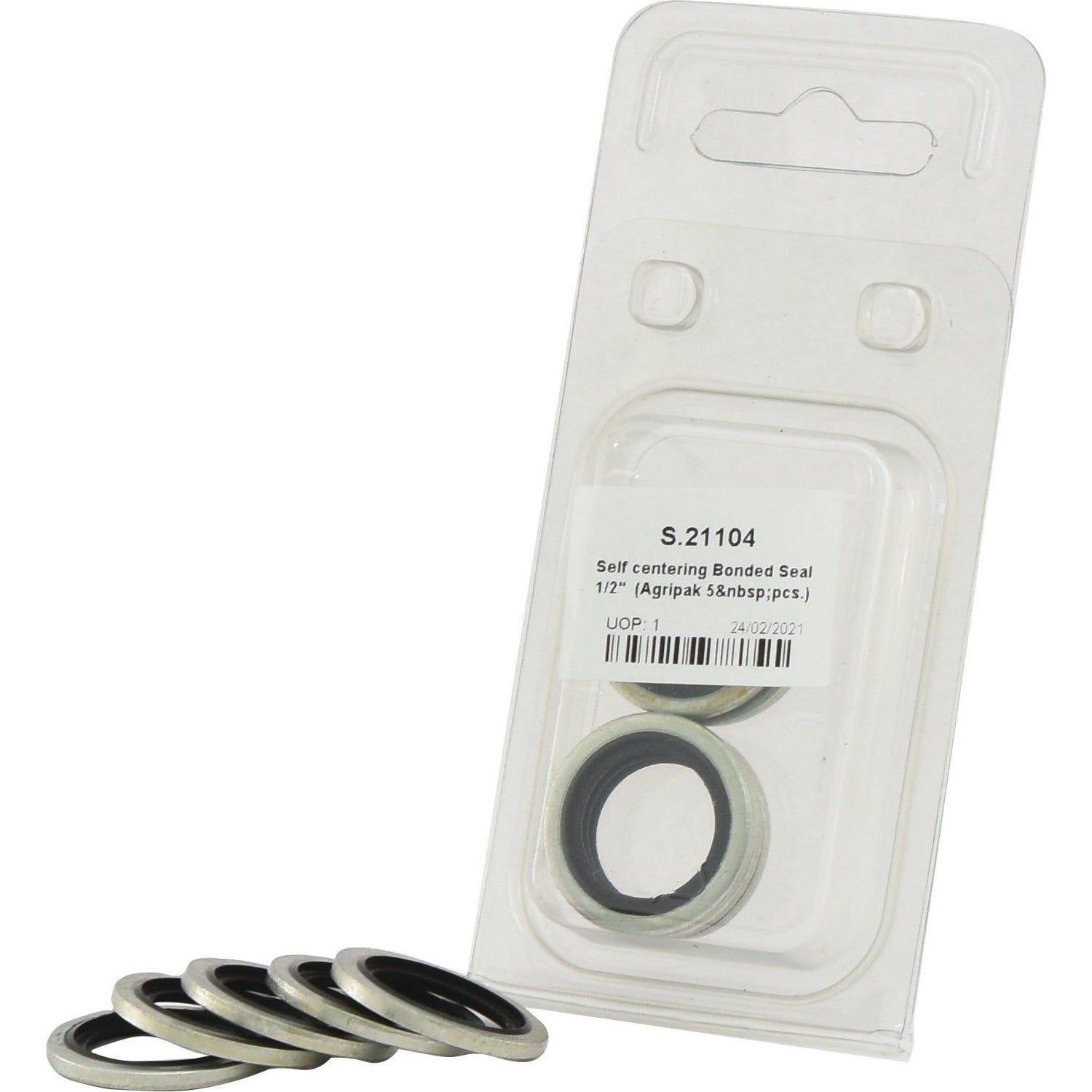 A clear plastic package containing five Self-Centering Bonded Seals with an indication "Sparex Part No. S.21104, 1/2 inch (Agripak 5 pcs) by Sparex." Four seals are arranged outside the package.