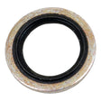 Close-up of a Sparex Self centering Bonded Seal 24mm Metric (Part No. S.14831) with a black rubber interior ring, often used in plumbing or machinery.