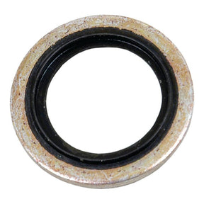 Close-up of a Sparex Self-Centering Bonded Seal 3/8'' BSP (Sparex Part No. S.2808) featuring a metal washer with a black rubber ring in the center. Typically used in plumbing or automotive applications for sealing connections, this high-quality seal ensures a secure and reliable fit.