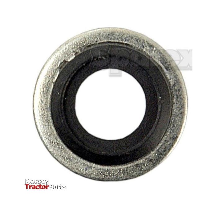 A metal circular bearing with a black inner ring, marked "Sparex." The Massey Tractor Parts logo appears in the bottom left corner. This Sparex Self-Centering Bonded Seal 8mm Metric (Part No. S.5685) ensures reliable performance.