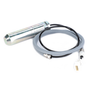 The AGCO Massey Ferguson - Sensing Pin - 3713763M2 is a metallic cylindrical sensor with an attached black cable and gray flexible conduit, featuring a white plastic connector at the end, perfect for Massey Ferguson 6400 Series tractor parts.