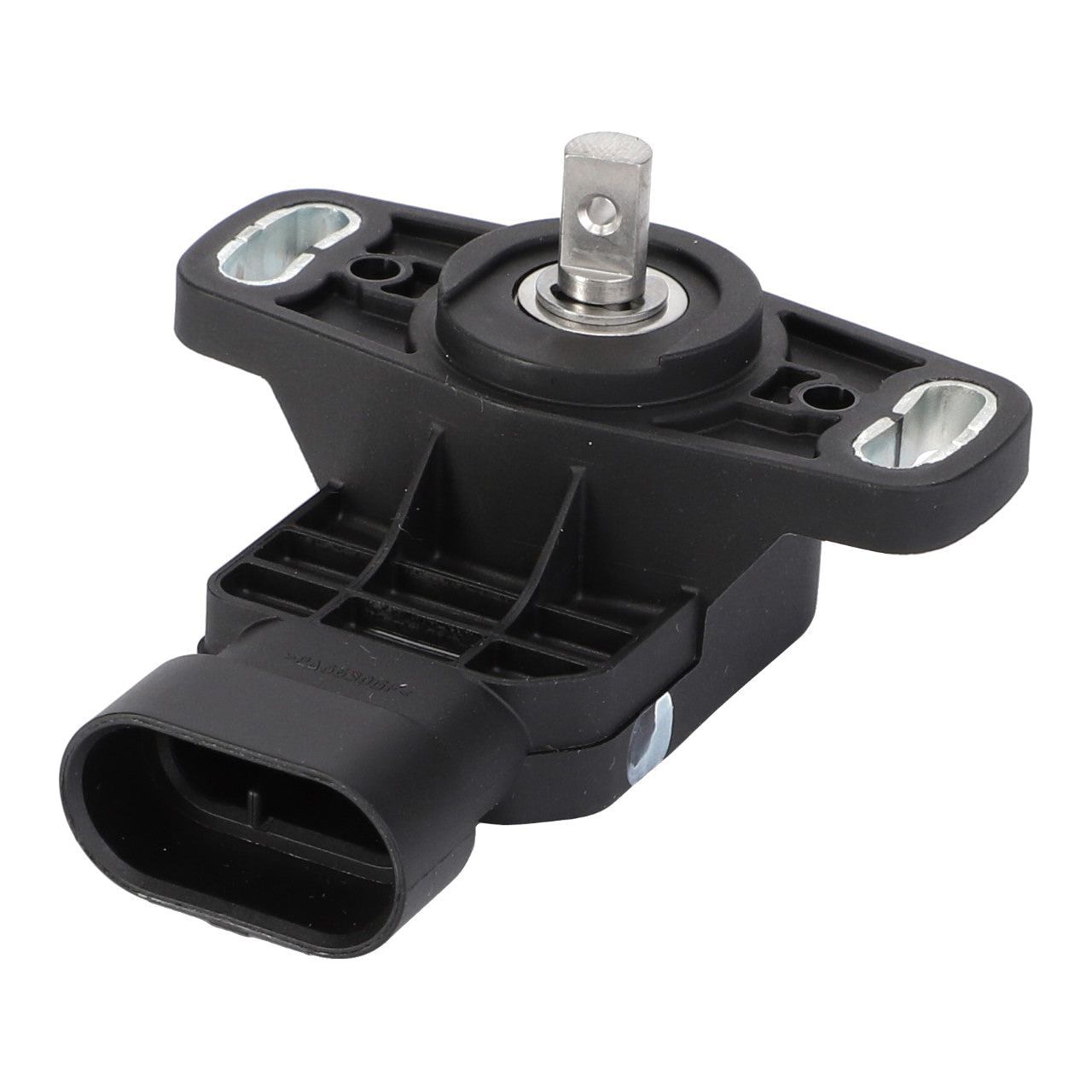 A close-up image of the AGCO Massey Ferguson - Sensor - 4359720M2, compatible with Massey Ferguson 4707 models, featuring a rectangular connector and a metallic rotating mechanism. The sensor includes mounting holes on either side for easy installation.