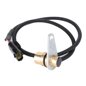 A cylindrical automotive sensor, the AGCO Massey Ferguson - Sensor Speed - 3825141M2, featuring an attached black coiled wire ending in a connector and mounted on a metallic plate, suitable for the Massey Ferguson 4200 Series tractors.