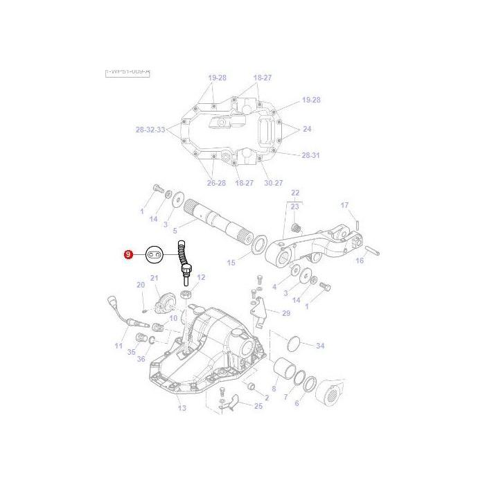 An exploded diagram of a mechanical component illustrates the parts and their assembly sequence with numbers and arrows. There's a highlighted part labeled with a red circle and number 25. This detailed depiction is particularly useful for understanding the Massey Ferguson - Sensor Transmission Speed - 4364876M1 by AGCO, specifically for Massey Ferguson 3000 Series tractor parts.