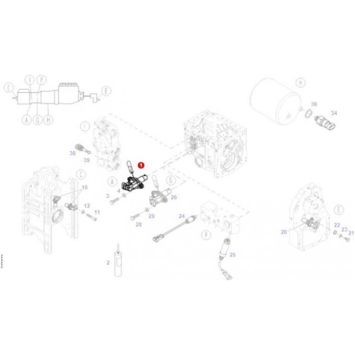 A mechanical diagram depicting various interconnected components of a Fendt Vario engine, featuring a highlighted component near the center. Each part, including the S4 and SCR systems, is labeled with corresponding numbers and letters. The highlighted component is identified as Fendt - Sensor Transmission speed A - G350100970011 from AGCO.