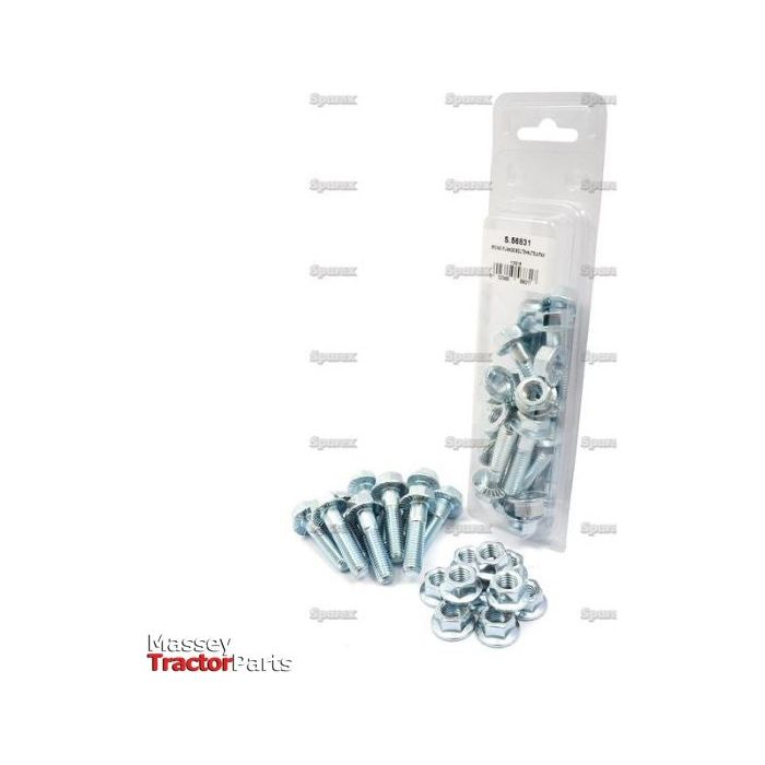 A white plastic package labeled with a barcode and containing Sparex Part No. S.56831, which includes M10x40mm serrated flange bolts and nuts. Several zinc-plated bolts and serrated flange nuts are displayed outside the package at the bottom, branded with "Sparex.