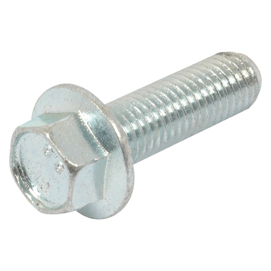 A close-up image of a Sparex Serated Flange Bolt M12x40mm, featuring a Grade 8.8 rating, partially threaded shank, integral washer, and zinc-plated finish (Sparex Part No. S.56823).