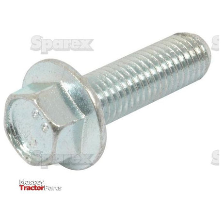 Close-up of a zinc-plated Sparex Serated Flange Bolt, M12x40mm (Part No. S.56823), featuring threading along its shaft and a serrated flange near the hex head. The background has faint text saying "Sparex" and "Massey Tractor Parts.