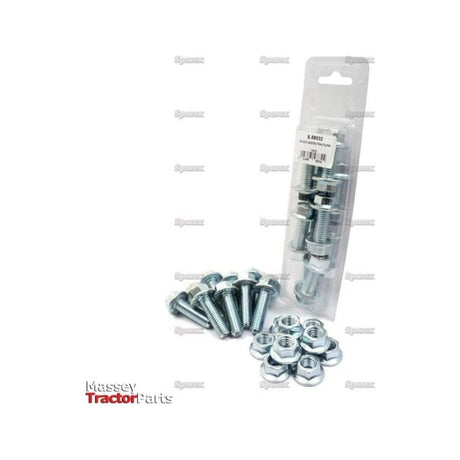 A packaged set of zinc-plated, M12x40mm serrated flange bolts and nuts, labeled as Sparex Part No.S.56832 for Massey Tractor Parts by Sparex.