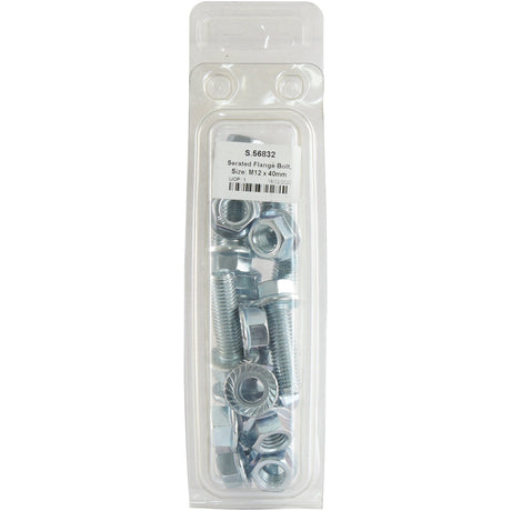 A clear plastic package containing assorted serrated flange bolts and hex nuts, labeled "Serated Flange Bolt, M12x40mm," with Sparex Part No. S.56832 from the Sparex brand.