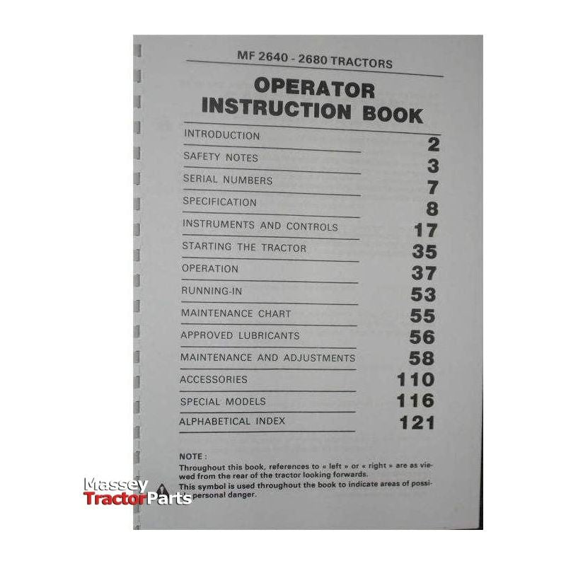 A black and white instruction book cover for Massey Ferguson - 2600 Series Operators Manual - 1646296M2 by AGCO, detailing pages for introduction, safety, specifications, operations, maintenance, accessories, and index.