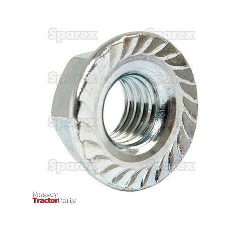 Close-up of a metal Metric Serrated Flange Nut (M10x1.50mm, DIN 6923) Metric Coarse, Sparex Part No. S.56826, with visible threading and a toothed washer base, set against a white background with faint watermarks. The Massey Tractor Parts logo is displayed in the bottom left corner.