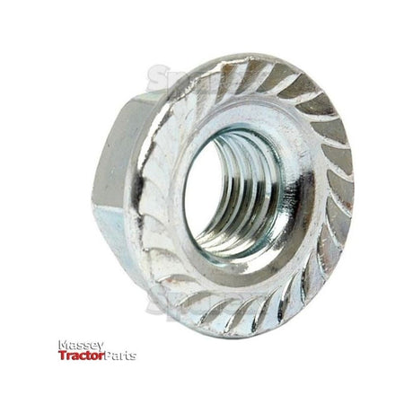 Close-up of a Metric Serrated Flange Nut with a circular threaded interior and angled teeth on its base. Zinc plated for durability, this M12x1.75mm nut, known as Sparex Part No.S.56827 (DIN 6923), features the "Sparex" logo in the bottom left corner.