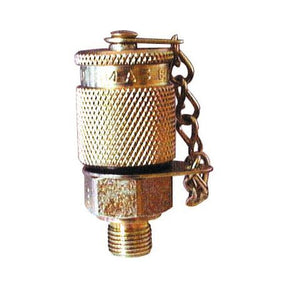 A Sparex Service Junior Adaptor Pressure Connector Nipple M16 x 1.50, featuring a brass valve with a knurled surface, threaded connection, and attached chain, offers the reliability of Parker's precision Metric Thread.