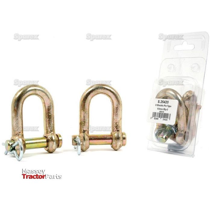 Two zinc-plated D-shackles with locking pins are displayed next to a plastic package containing additional D-shackles and pins. Labels featuring the logo "Sparex" and the product name "D Shackle, Pin⌀10mm, Jaw Width: 18mm - S.25420" are visible.