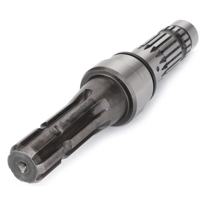 Image of a Massey Ferguson - Shaft - 3382074M10, an AGCO product, featuring various grooves and notches along its length. This metal gear shaft is designed for heavy-duty operations in Massey Ferguson models, ensuring durability and reliability.